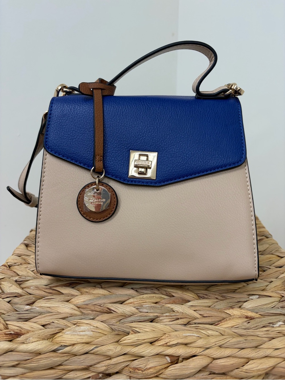 Dune London Blue and Cream Top Handle Satchel with Tan Trim